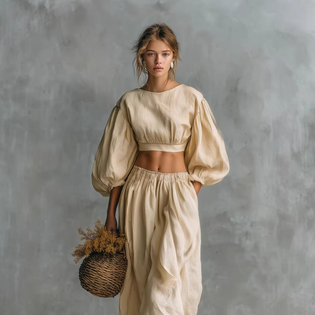 Crew-neck Puffed-sleeve Pocketed Pants Casual Womens Set