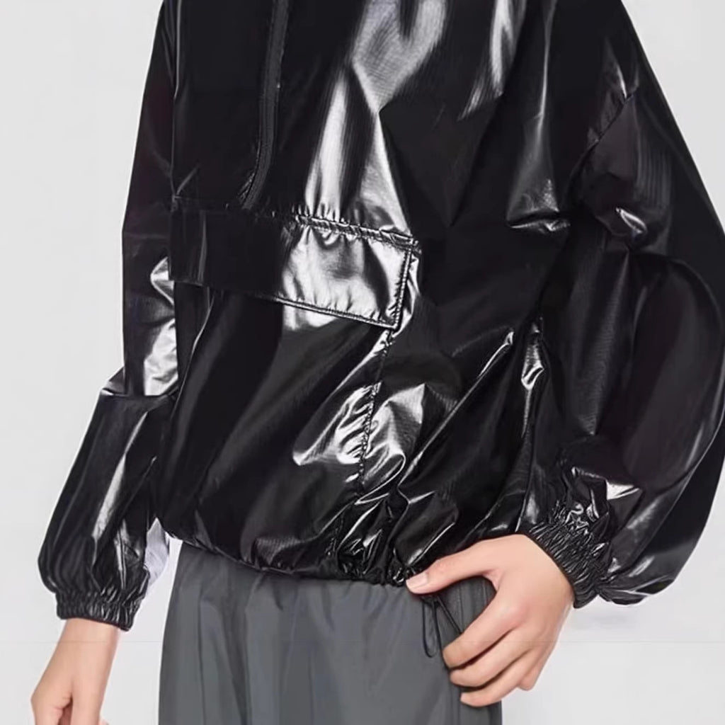 PU Faux Leather Mirrored Surface High-neck Zip-up Loose-fit Streetwear Hoodie