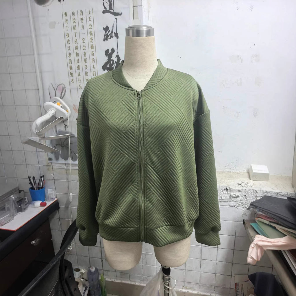 Womens Textured Zip-Up Bomber Jacket Casual Outerwear