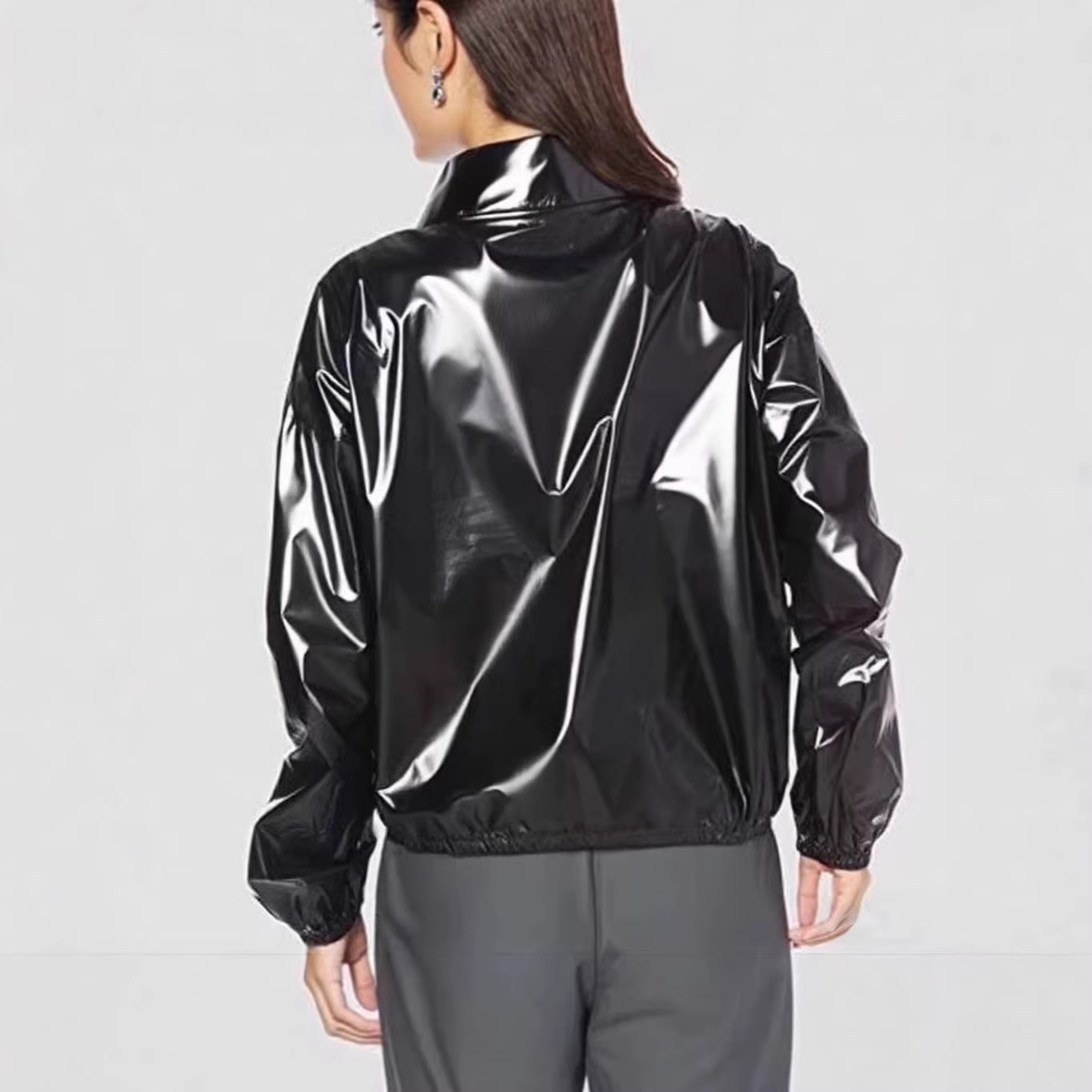 PU Faux Leather Mirrored Surface High-neck Zip-up Loose-fit Streetwear Hoodie