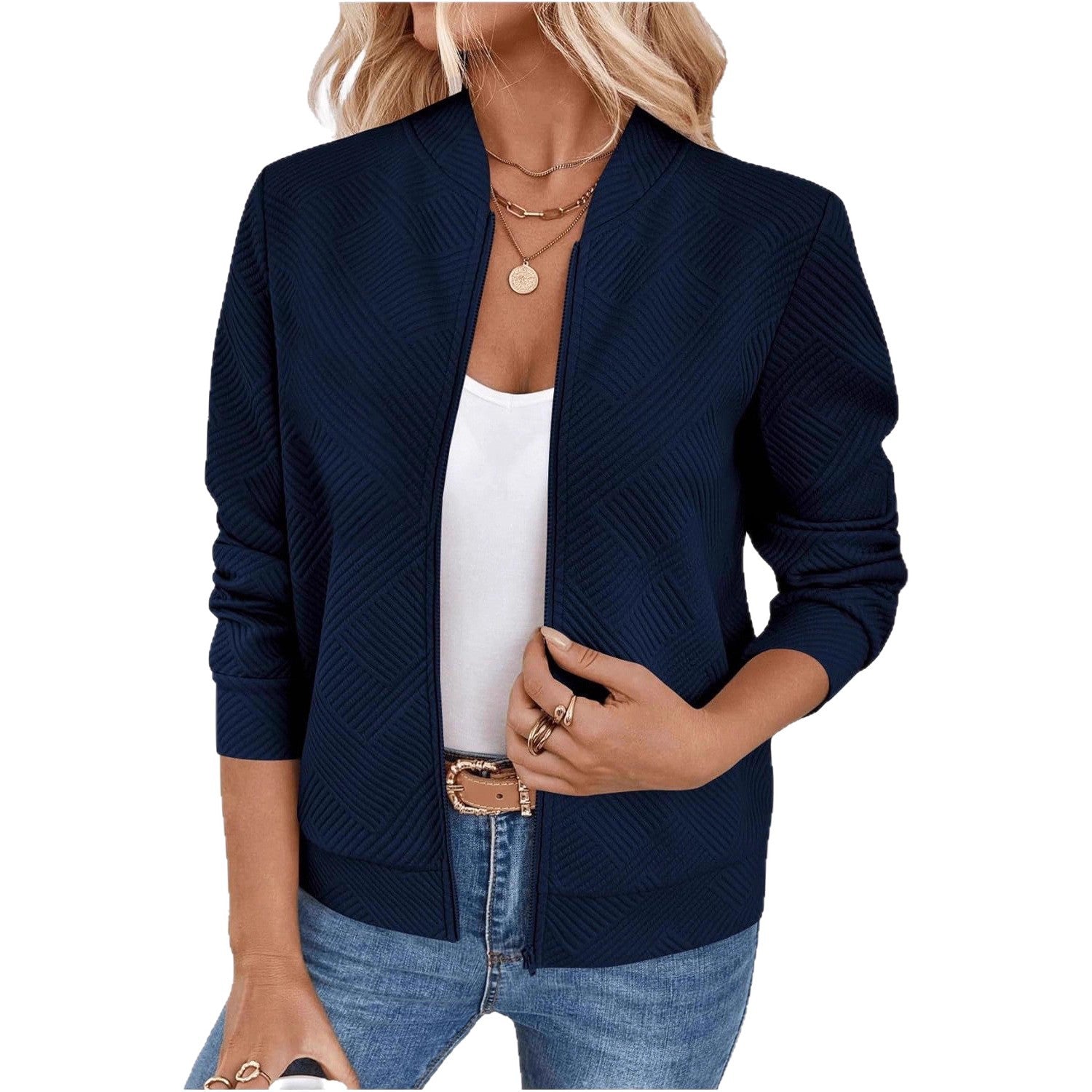 Womens Textured Zip-Up Bomber Jacket Casual Outerwear