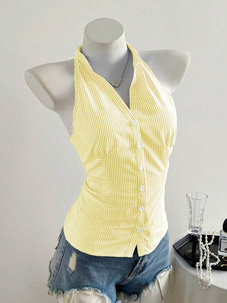 Women's Niche Short Striped Sleeveless Shirt