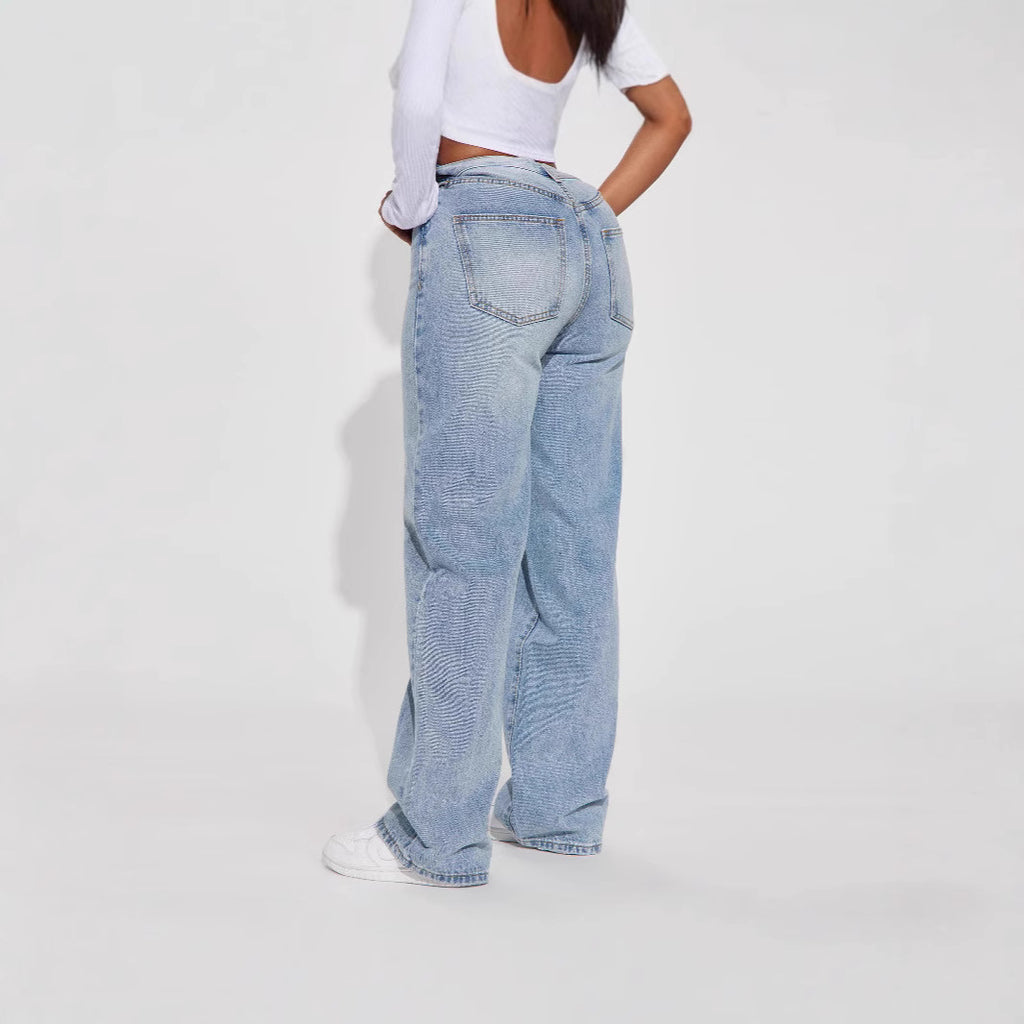 Euro-American Cross-Border Light Blue High-Waist Straight-Leg Jeans