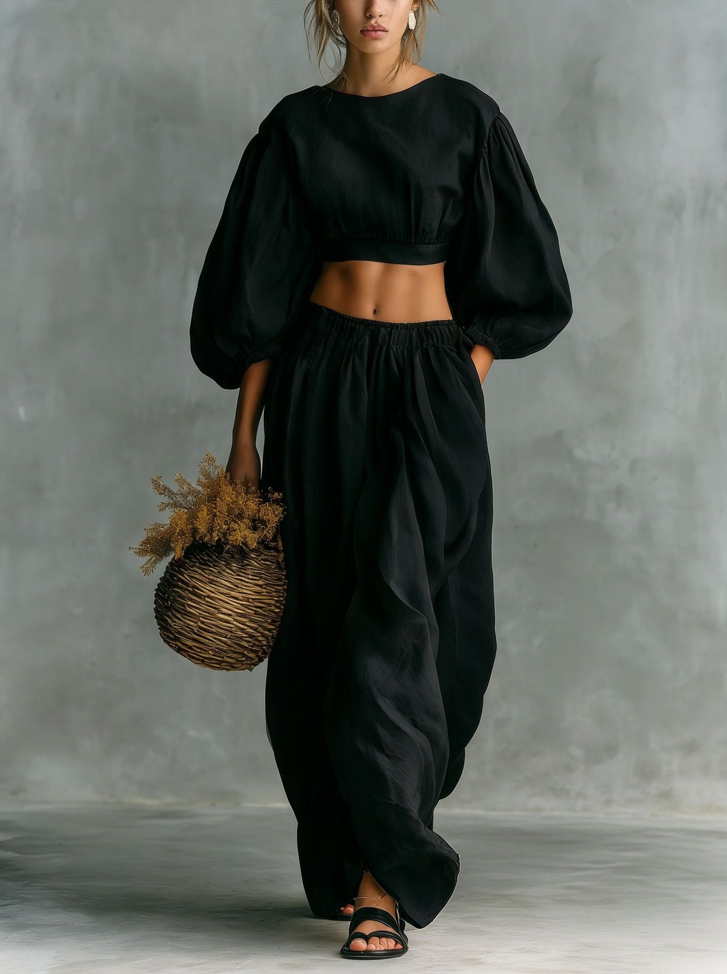 Crew-neck Puffed-sleeve Pocketed Pants Casual Womens Set