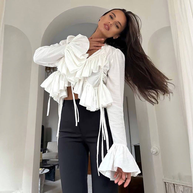 Womens Ruffled Flare-Sleeve Lace-Up Top Shirt