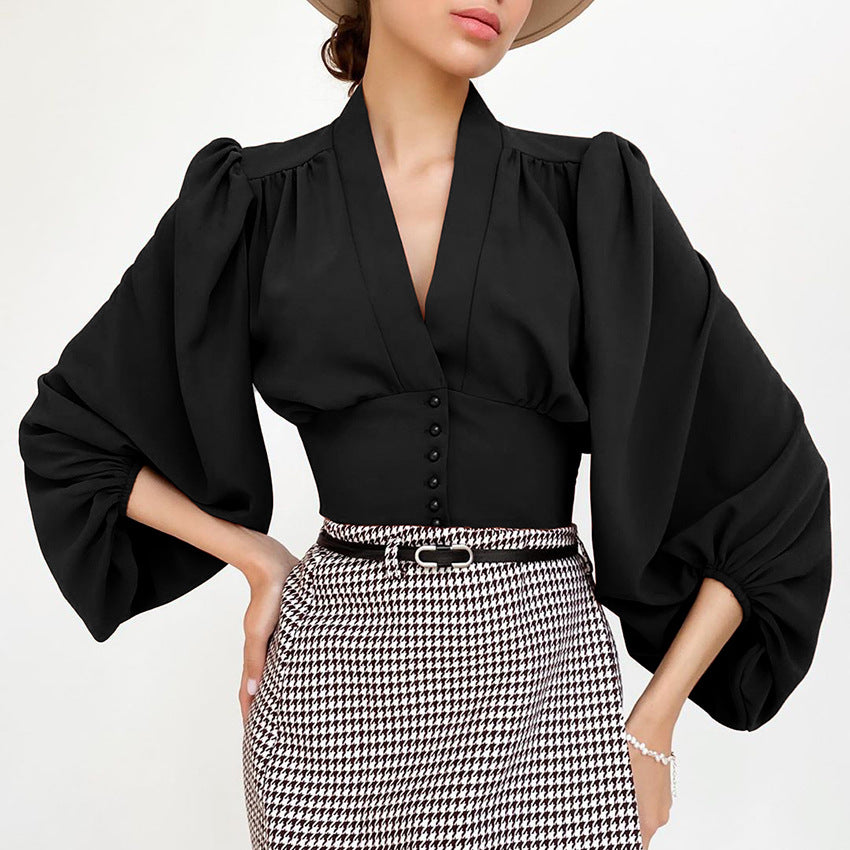 V-neck Top French-style Long-sleeve Work Shirt