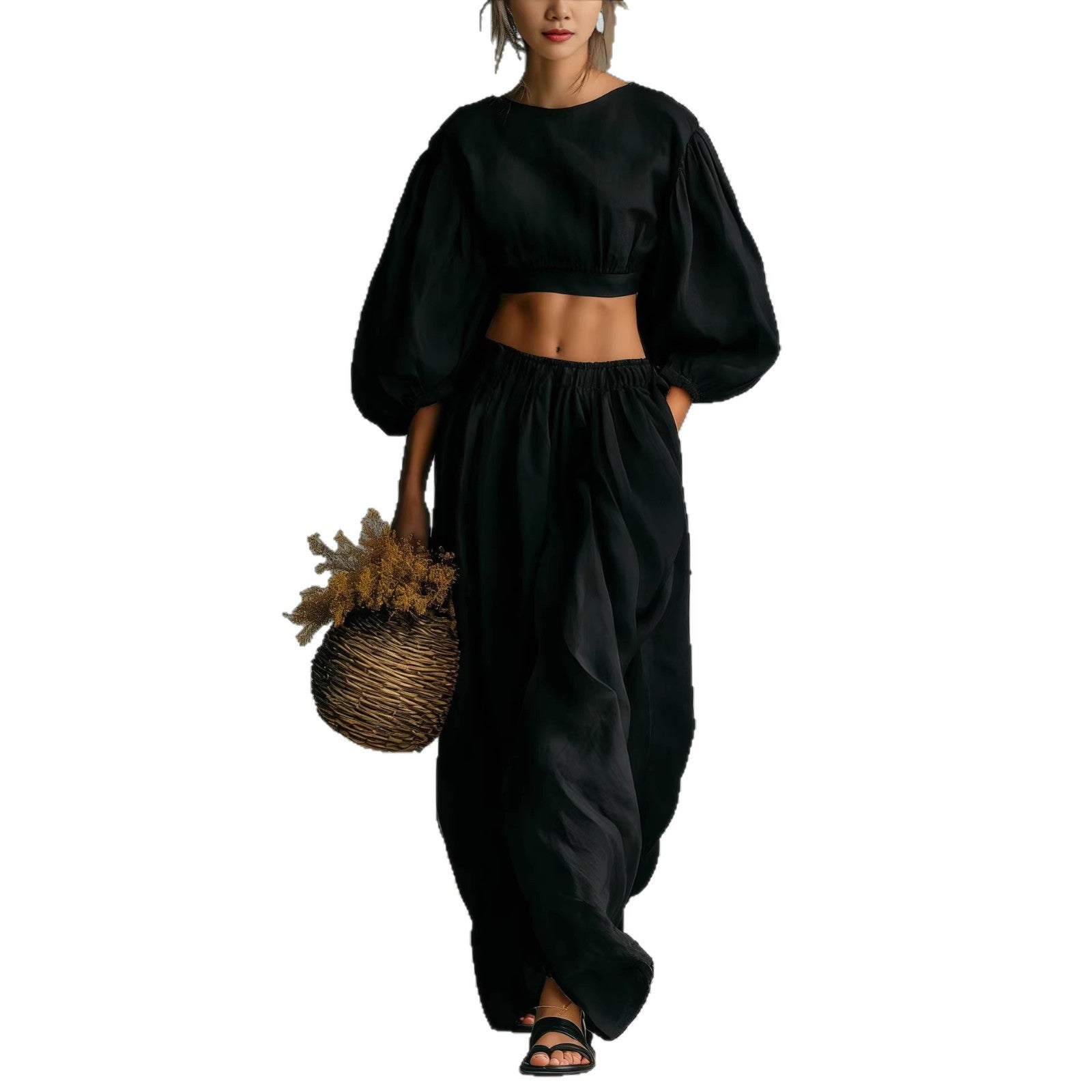 Crew-neck Puffed-sleeve Pocketed Pants Casual Womens Set