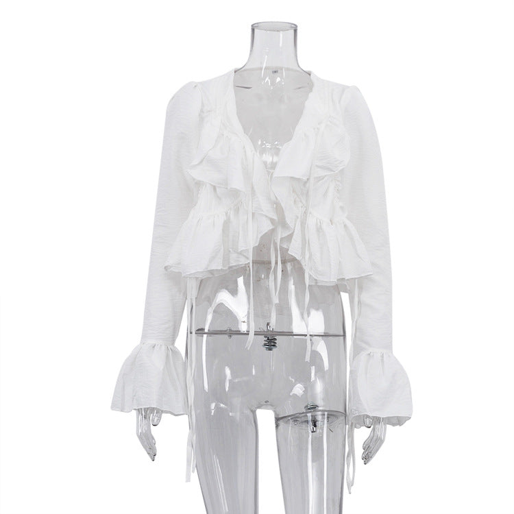 Womens Ruffled Flare-Sleeve Lace-Up Top Shirt