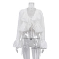 Womens Ruffled Flare-Sleeve Lace-Up Top Shirt