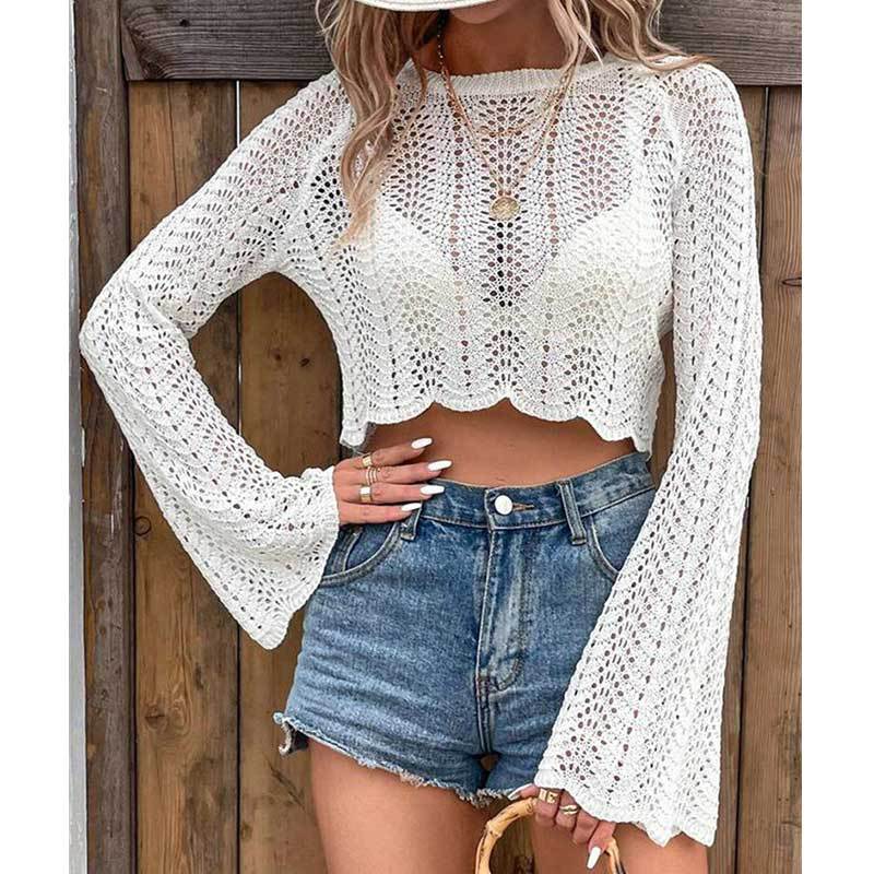 Womens Hollow-Out Knitted Cropped Blouse With Flared Sleeves Top