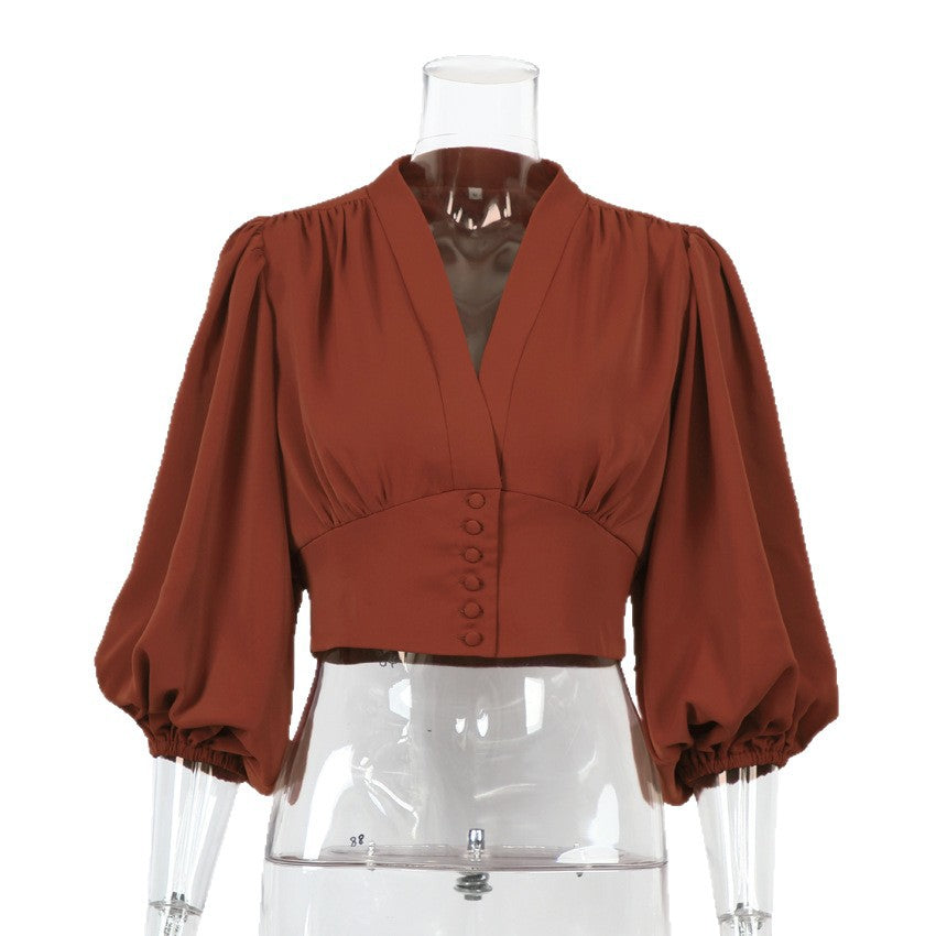 V-neck Top French-style Long-sleeve Work Shirt