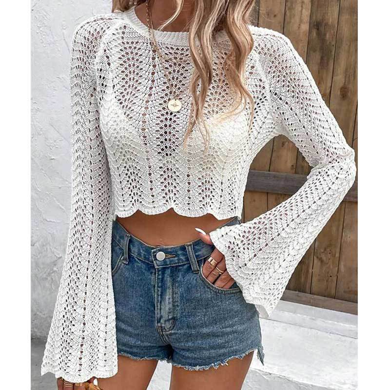 Womens Hollow-Out Knitted Cropped Blouse With Flared Sleeves Top