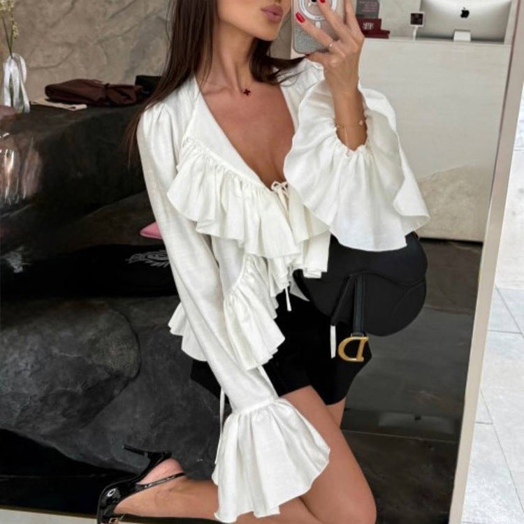 Womens Ruffled Flare-Sleeve Lace-Up Top Shirt