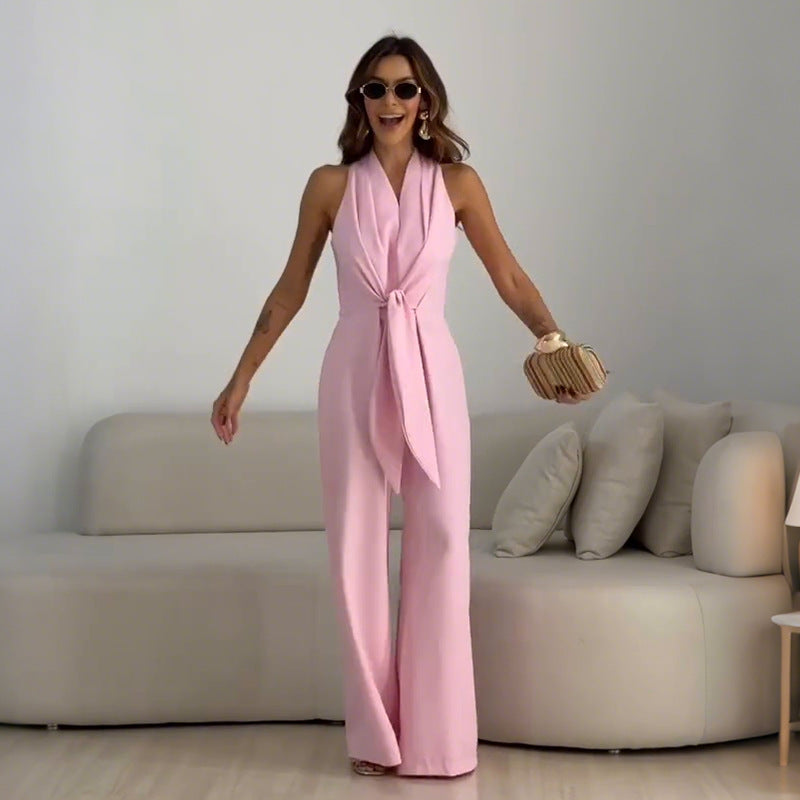 Sleeveless V-neck Strapped Slim-fit Comfortable Jumpsuit