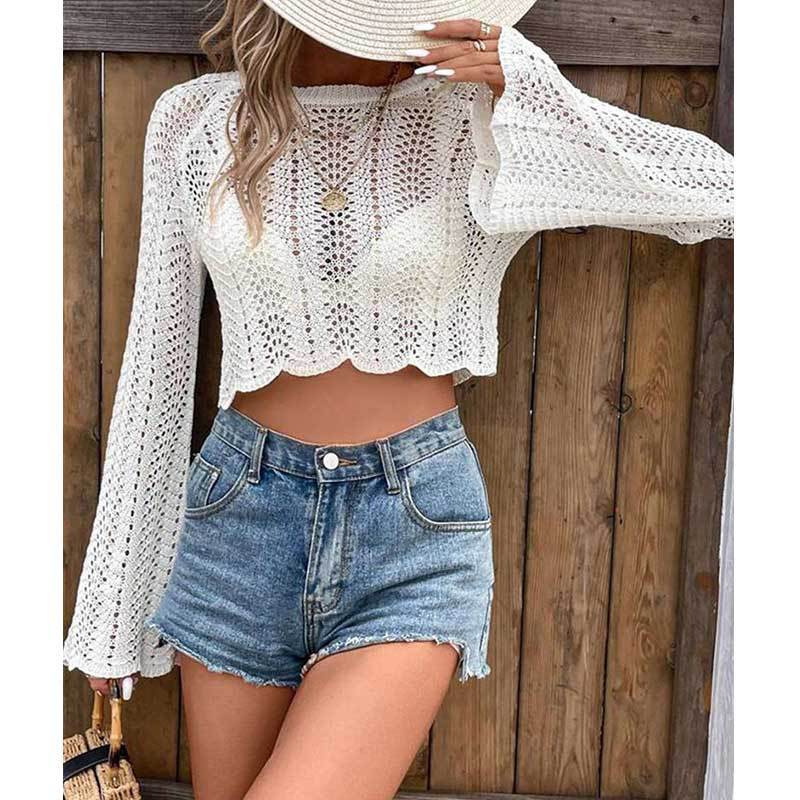 Womens Hollow-Out Knitted Cropped Blouse With Flared Sleeves Top
