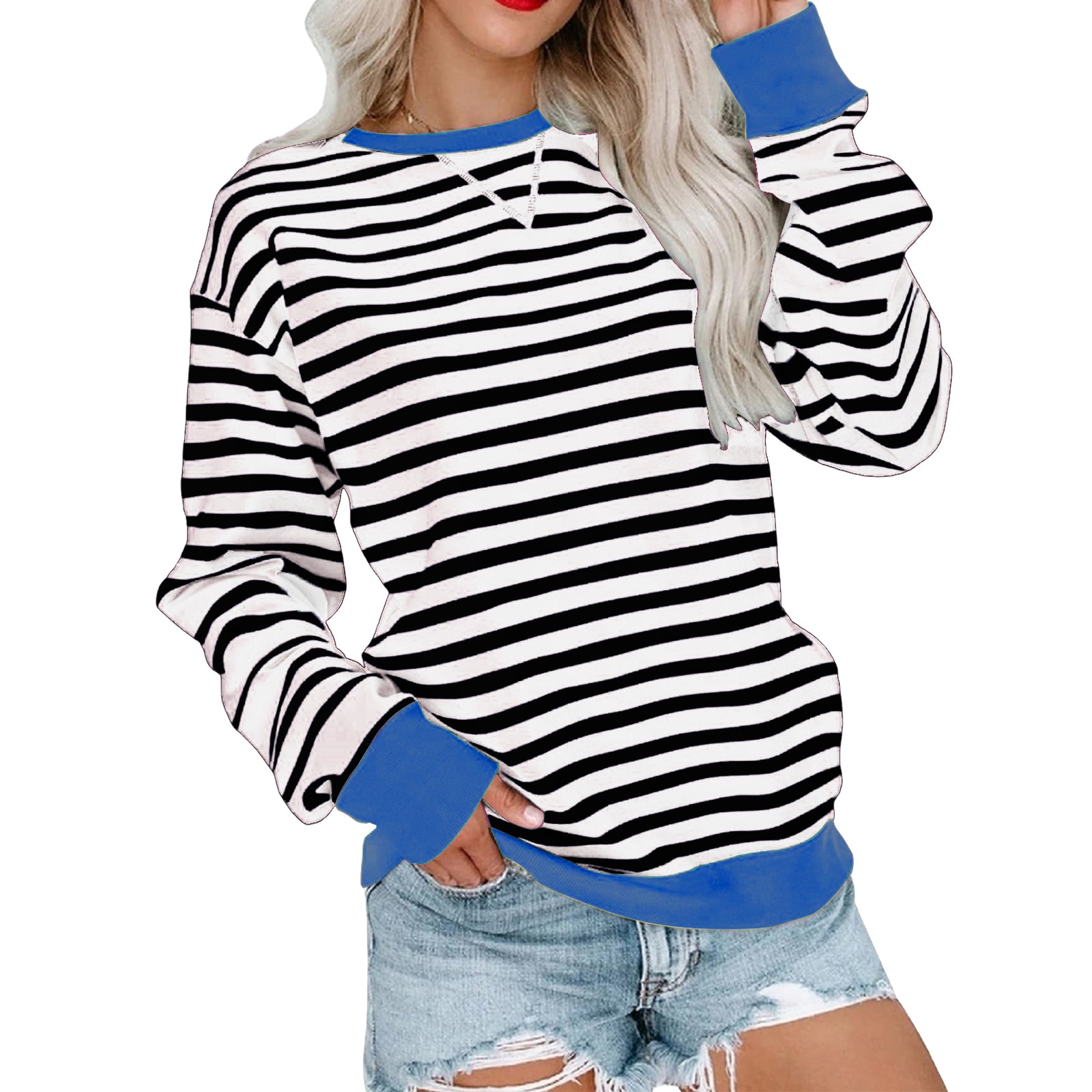 New Striped Color-Blocked Long-Sleeved Casual Crew Neck Sweatshirt