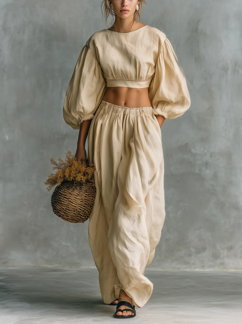 Crew-neck Puffed-sleeve Pocketed Pants Casual Womens Set
